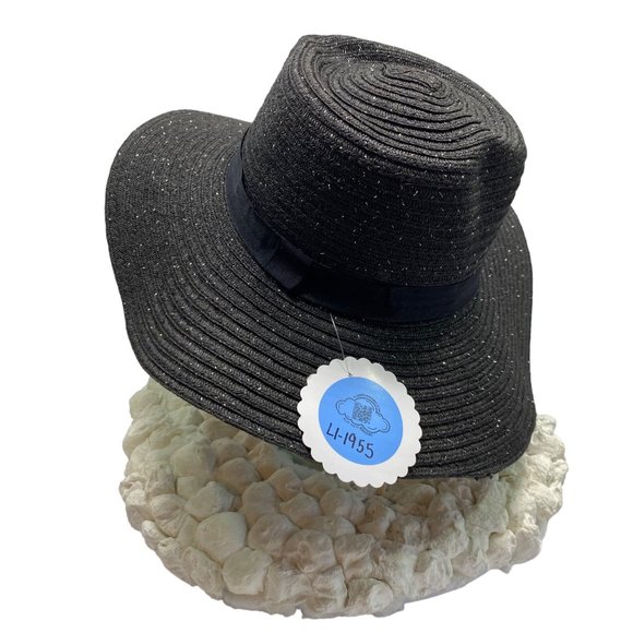 Fair Weather Black Straw Wide Brim Heart Crown Sun Hat - Picture 10 of 12